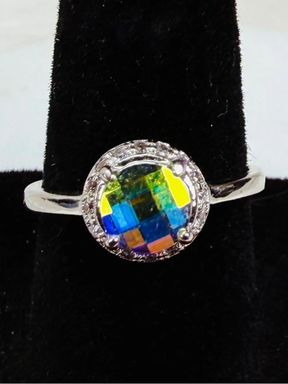 Silvertone Halo Ring with Multicolor Aurora Crystal size 5